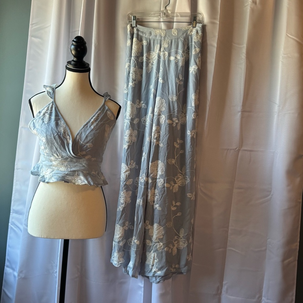 Light Blue Floral Lace Wide-Leg Pants - Women's